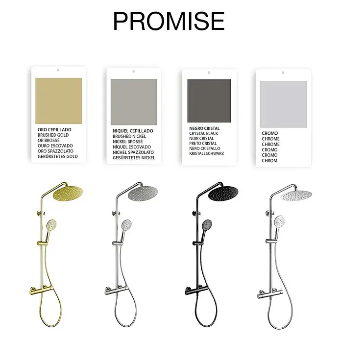 Poalgi Duschsystem Promise - Anzahl Strahlarten: 3 Stk., Gold - Vier Promise Duschsysteme in gebürstetem Gold, gebürstetem Nickel, Kristaltschwarz und Chrom, jeweils mit Kopf- und Handbrause.