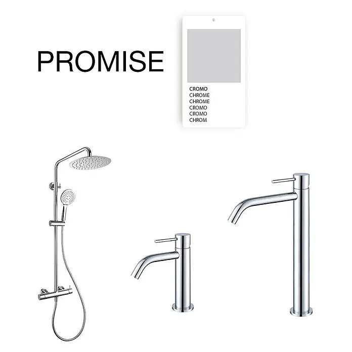 Poalgi Waschtischarmatur Promise - Chrom, Glänzend - Chromfarbenes Duschset mit Regendusche, Handbrause und zwei Chrom-Waschtischarmaturen.