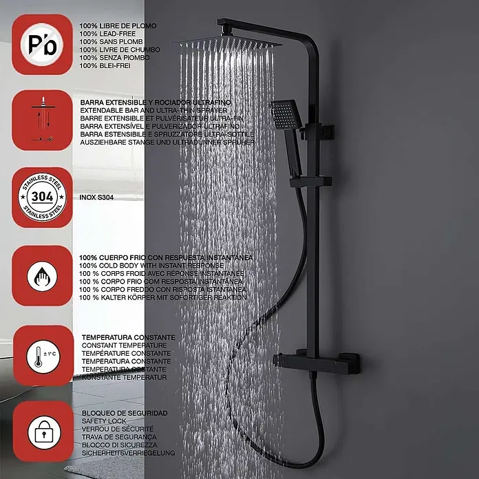 Poalgi Duschsystem Paradise - Anzahl Strahlarten: 1 Stk., Mattschwarz - Schwarzes, mattes Duschsystem mit quadratischem Regenduschkopf und Handbrause, in Betrieb.