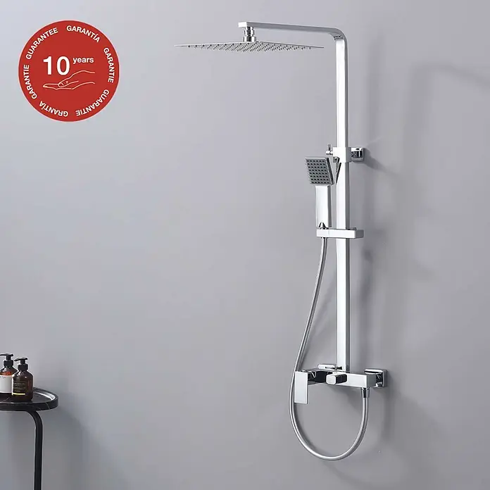 Poalgi Duschsystem Army - Anzahl Strahlarten: 1 Stk., Verchromt - Modernes Chrom-Duschsystem mit quadratischer Kopfbrause und Handbrause an einer Stange.