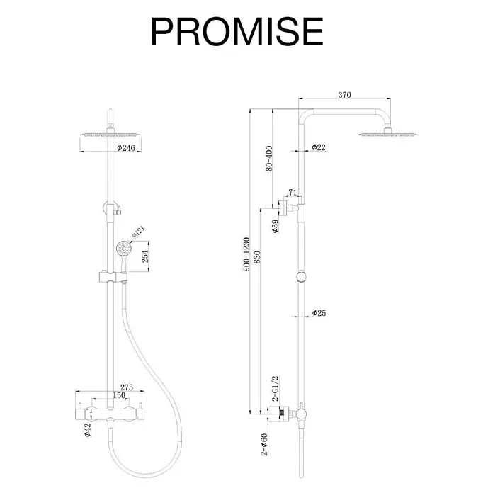Poalgi Duschsystem Promise - Anzahl Strahlarten: 3 Stk., Gold - Technisches Diagramm eines Duschsystems mit Kopf- und Handbrause, das detaillierte Abmessungen und Anschlusspunkte zeigt.