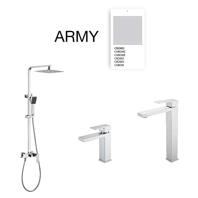 Poalgi Waschtischarmatur Army - Chrom, Glänzend - Schlankes Chrom-Duschsystem und zwei moderne Waschtischarmaturen.
