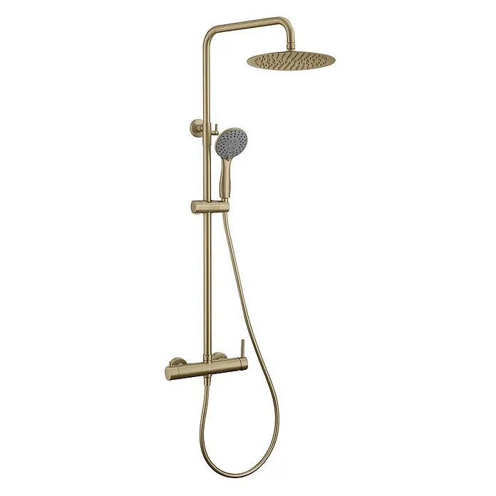 Poalgi Duschsystem Rock - Anzahl Strahlarten: 3 Stk., Gold - Gebürstetes Gold Duschsystem mit Regendusche, Handbrause, Schlauch und Mischer.