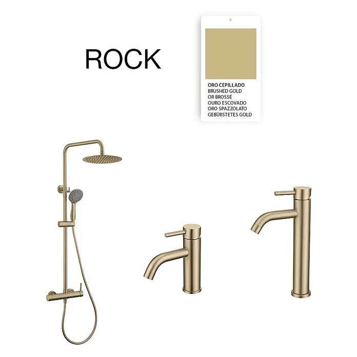 Poalgi Waschtischarmatur Rock - Gebürstetes Gold, Seidenmatt - Gebürstetes Gold Duschsystem und zwei passende Armaturen.