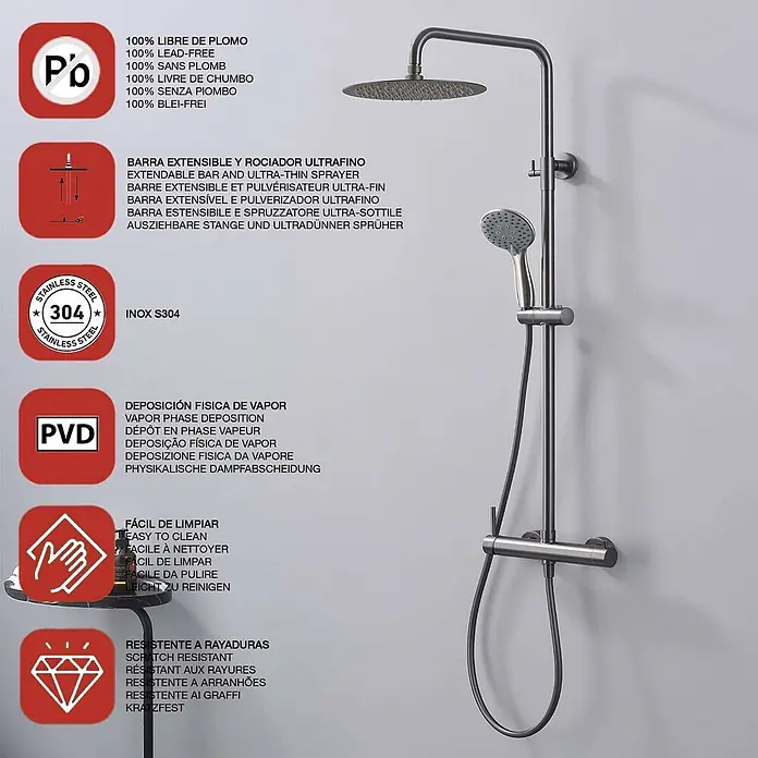 Poalgi Duschsystem Rock - Anzahl Strahlarten: 3 Stk., Black gun metal - Ein modernes, dunkelgraues PVD-beschichtetes Duschsystem aus Edelstahl mit ausziehbarer Stange, Kopf- und Handbrause.