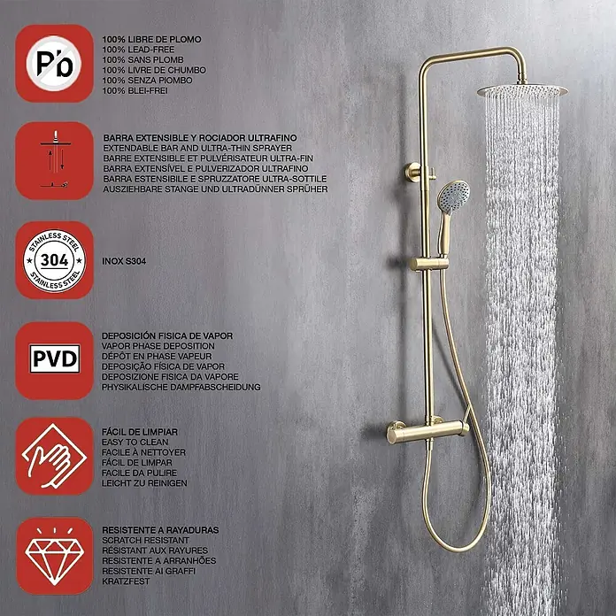 Poalgi Duschsystem Rock - Anzahl Strahlarten: 3 Stk., Gold - Goldfarbene Duschsystem mit großer Regendusche und Handbrause.