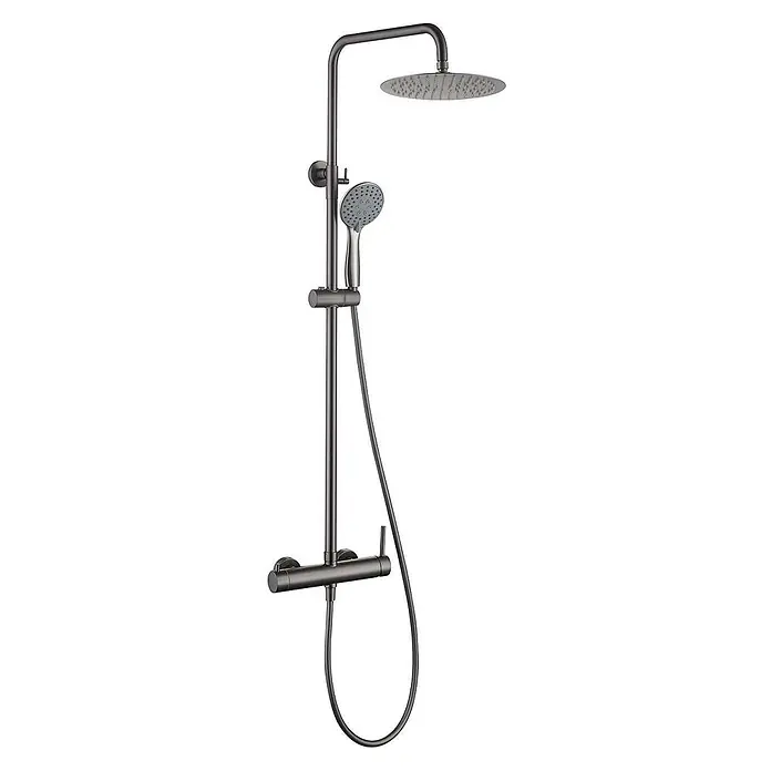 Poalgi Duschsystem Rock - Anzahl Strahlarten: 3 Stk., Black gun metal - Dunkles Duschsystem aus Metall mit Regenbrause, Handbrause und Thermostatmischer.