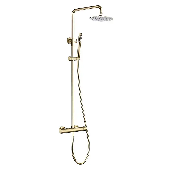 Poalgi Duschsystem Supreme - Anzahl Strahlarten: 1 Stk., Gold - Duschsystem aus gebürstetem Gold mit rundem Regenduschkopf und Handbrause an verstellbarer Stange.
