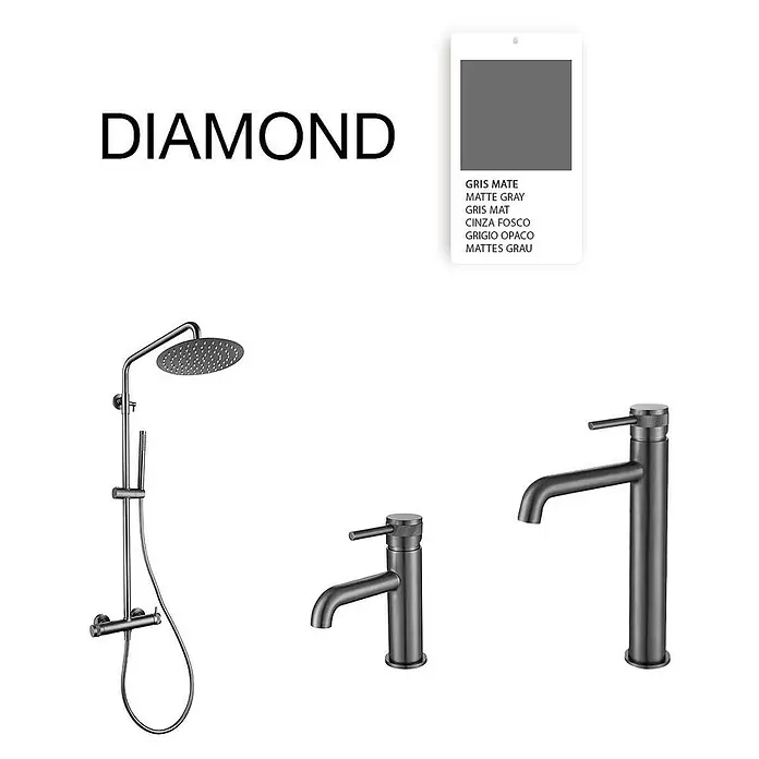 Poalgi Waschtischarmatur Diamond - Mattgrau, Matt - Mattgraues Duschsystem mit Kopf- und Handbrause sowie zwei passenden Waschtischarmaturen.