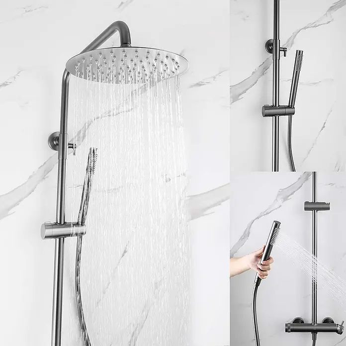 Poalgi Duschsystem Diamond - Anzahl Strahlarten: 1 Stk., Mattgrau - Dunkelgraues Duschsystem mit großem Regenduschkopf und Handbrause, mit fließendem Wasser.