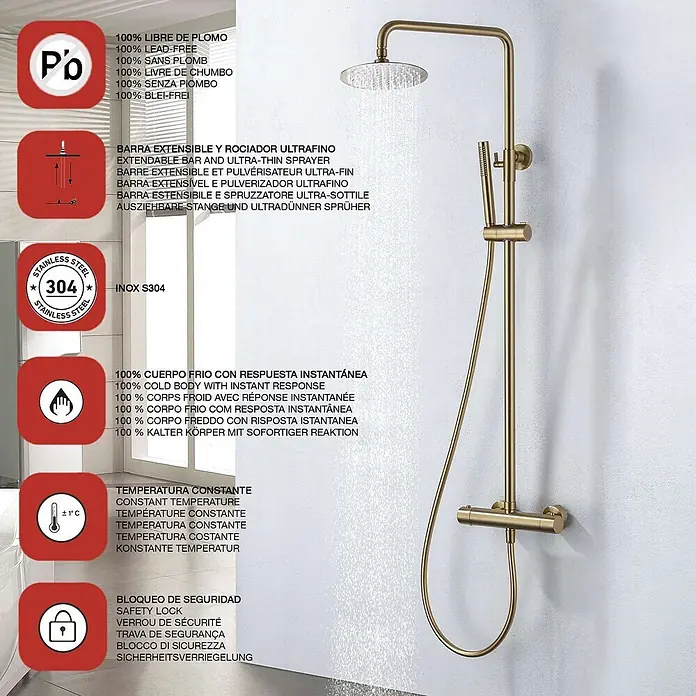 Poalgi Duschsystem Supreme - Anzahl Strahlarten: 1 Stk., Gold - Gebürstetes goldenes Duschsystem mit Thermostatsteuerung, Kopf- und Handbrause.