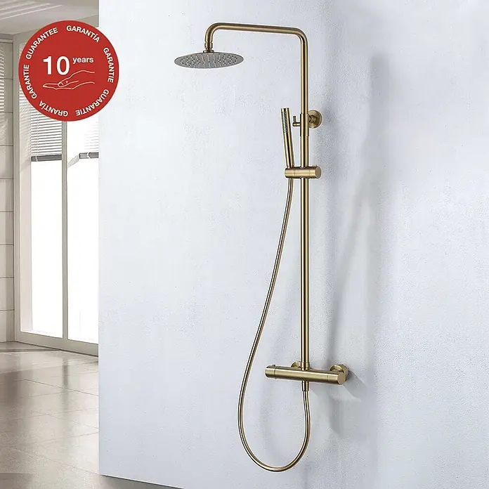 Poalgi Duschsystem Supreme - Anzahl Strahlarten: 1 Stk., Gold - Duschsystem aus gebürstetem Messing mit Regenduschkopf, Handbrause und Thermostatmischer.