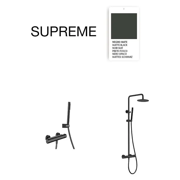 Poalgi Duschsystem Supreme - Anzahl Strahlarten: 1 Stk., Mattschwarz - Zwei mattschwarze Duschsysteme: eine Wandbatterie mit Handbrause und eine Duschsäule mit Kopf- und Handbrause.
