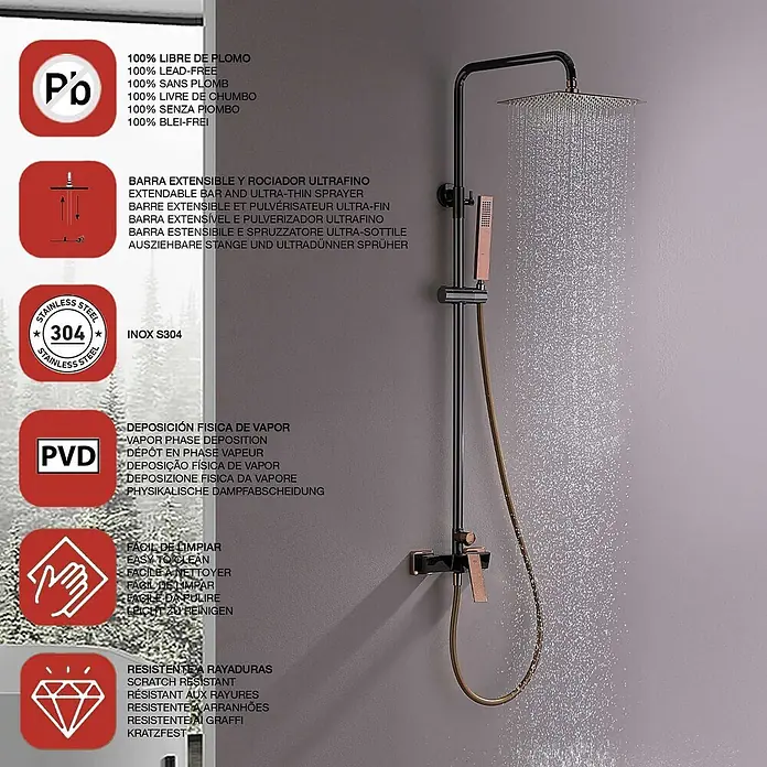 Poalgi Duschsystem Infinite - Anzahl Strahlarten: 1 Stk., Kristallschwarz und Rosa - Schwarzes und roségoldenes Duschsystem mit quadratischem Regenduschkopf und Handbrause, an der Wand montiert.