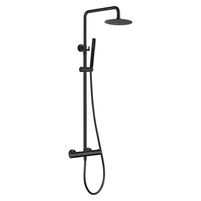 Poalgi Duschsystem Supreme - Anzahl Strahlarten: 1 Stk., Mattschwarz - Schwarze Duschsäule mit Kopfbrause, Handbrause und Thermostatmischer.
