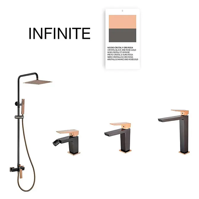 Poalgi Waschtischarmatur Infinite - Schwarzer Kristall und Roségold, Glänzend - Badarmaturen-Kollektion in Kristallschwarz und Roségold, mit Duschsystem, Bidet- und Waschtischarmaturen.