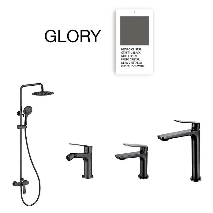 Poalgi Waschtischarmatur Glory - Schwarzer Kristall, Glänzend - Kristallschwarzes Duschset und drei verschiedene Armaturen für ein modernes Bad.