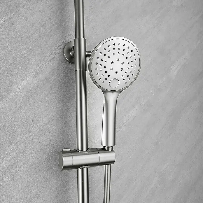 Poalgi Duschsystem Promise - Anzahl Strahlarten: 3 Stk., Nickel - Gebürsteter Metall-Handbrausekopf an passender Gleitstange.