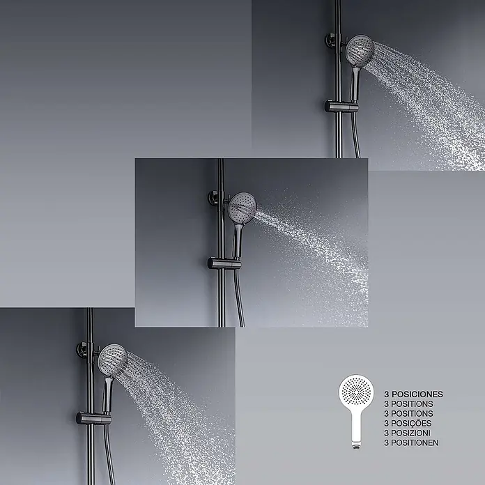 Poalgi Duschsystem Glory - Anzahl Strahlarten: 3 Stk., Kristallschwarz - Dunkler Duschkopf, der Wasser sprüht und 3 Strahlarten zeigt.
