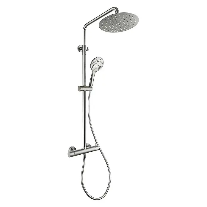 Poalgi Duschsystem Promise - Anzahl Strahlarten: 3 Stk., Nickel - Gebürstetes Metall Duschsystem mit runder Kopfbrause, Handbrause und Thermostatmischer.