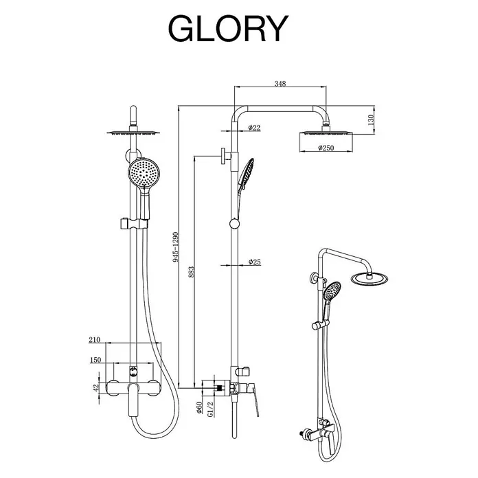 Poalgi Duschsystem Glory - Anzahl Strahlarten: 3 Stk., Kristallschwarz - GLORY Duschsystem: technische Zeichnung mit Kopfbrause, Handbrause und Mischbatterie, Maße.