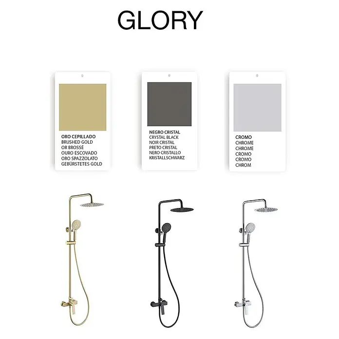 Poalgi Duschsystem Glory - Anzahl Strahlarten: 3 Stk., Kristallschwarz - Drei moderne Duschsysteme in gebürstetem Gold, Kristallschwarz und Chrom, mit passenden Farbmustern.
