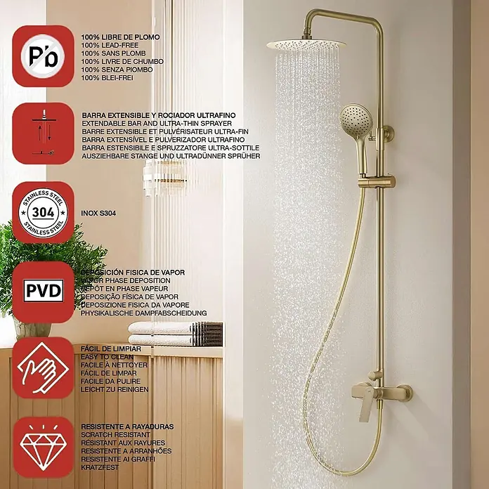 Poalgi Duschsystem Glory - Anzahl Strahlarten: 3 Stk., Gold - Goldfarbenes PVD-beschichtetes Duschsystem aus S304 Edelstahl mit Regenkopf und Handbrause in Betrieb.