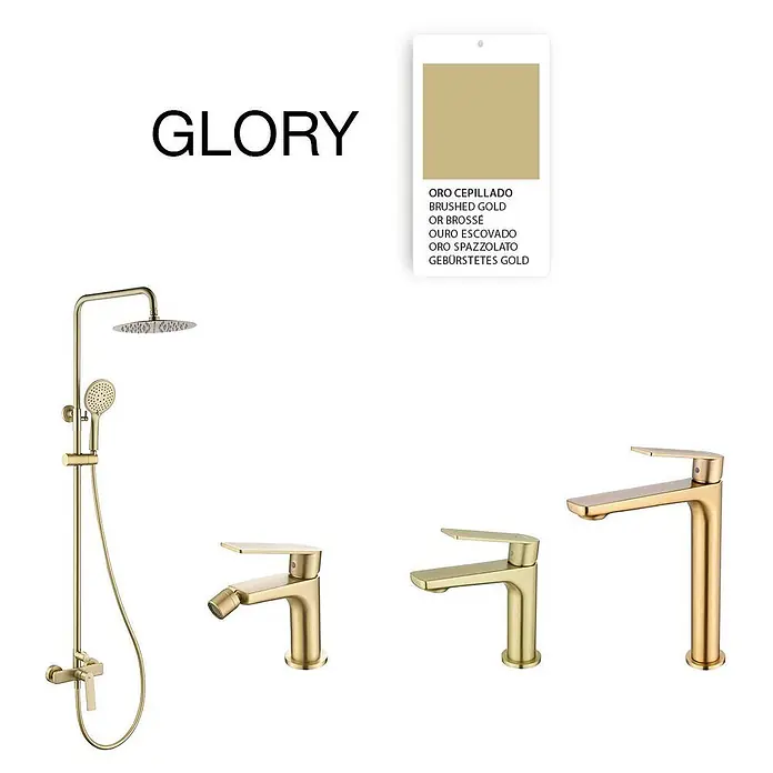 Poalgi Waschtischarmatur Glory - Gebürstetes Gold, Seidenmatt - Gebürstetes Gold Duschsystem und eine Auswahl moderner Badarmaturen.