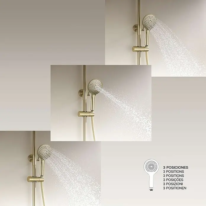Poalgi Duschsystem Glory - Anzahl Strahlarten: 3 Stk., Gold - Goldene Handbrause an einer Gleitstange, die ihre 3 Strahlarten mit fließendem Wasser demonstriert.