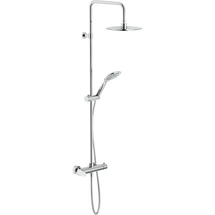 Poalgi Duschsystem Nobi - Anzahl Strahlarten: 1 Stk., Verchromt - Verchromtes Duschsystem mit runder Kopfbrause, Handbrause und einem Thermostatmischer.