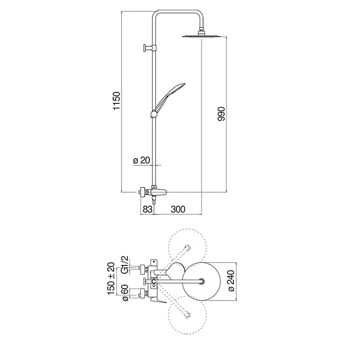 Poalgi Duschsystem Nobi - Anzahl Strahlarten: 1 Stk., Verchromt - Technische Zeichnung eines Duschsystems mit Kopfbrause, Handbrause und Maßen.