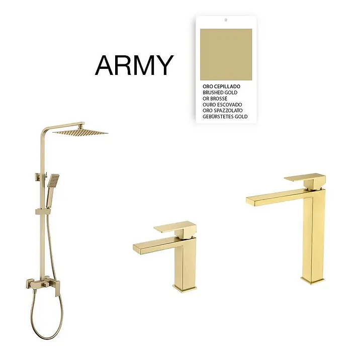 Poalgi Duschsystem Army - Anzahl Strahlarten: 1 Stk., Gold - Brausegarnitur und zwei passende Waschtischarmaturen in gebürstetem Gold für ein koordiniertes Bad.