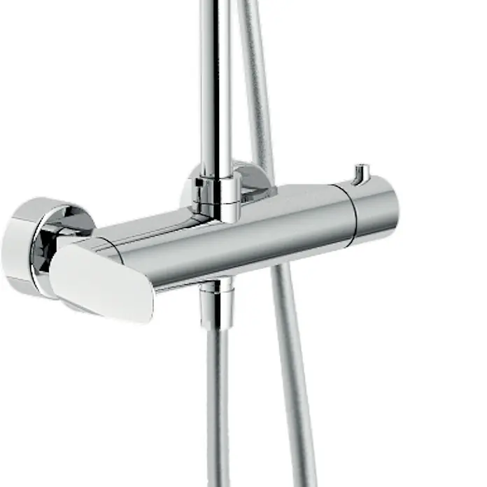 Poalgi Duschsystem Nobi - Anzahl Strahlarten: 1 Stk., Verchromt - Chromfarbener Thermostat-Duschmischer mit integrierter Stange und Schlauch.