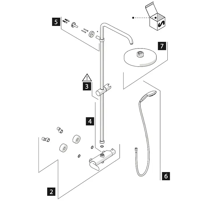 Poalgi Duschsystem Nobi - Anzahl Strahlarten: 1 Stk., Verchromt - Diagramm eines Chrom-Duschsystems: Mischer, Duschstange, Kopfbrause und Handbrause.