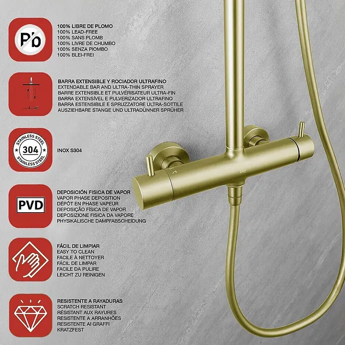 Poalgi Duschsystem Promise - Anzahl Strahlarten: 3 Stk., Gold - Goldfarbenes Duschsystem mit ausziehbarer Stange und ultradünnem Sprüher. PVD-beschichtet, bleifrei und kratzfest.