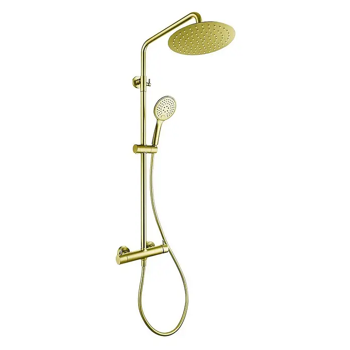 Poalgi Duschsystem Promise - Anzahl Strahlarten: 3 Stk., Gold - Gebürstetes goldenes Duschsystem mit großem runden Regenduschkopf, Handbrause, Duschstange und Thermostatmischer.