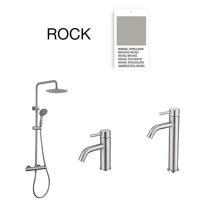 Poalgi Waschtischarmatur Rock - Gebürstetes Nickel, Seidenmatt - Gebürstete Nickel-Badarmaturen: ein Duschset und zwei Wasserhähne.