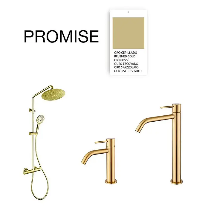 Poalgi Waschtischarmatur Promise - Gebürstetes Gold, Seidenmatt - Gebürstetes Gold Duschsystem und zwei Waschtischarmaturen.