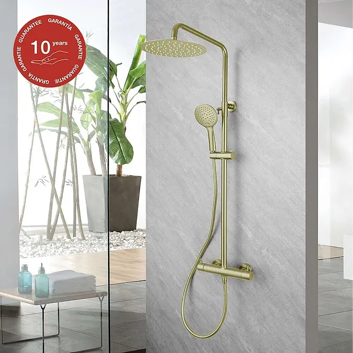 Poalgi Duschsystem Promise - Anzahl Strahlarten: 3 Stk., Gold - Gebürstetes Gold Duschsystem mit großer Regendusche, Handbrause und Thermostatmischer.