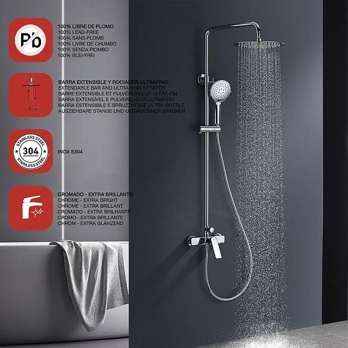 Poalgi Duschsystem Glory - Anzahl Strahlarten: 3 Stk., Verchromt - Chrom-Duschsystem mit Regen- und Handbrause, an dunkler Wand montiert, Wasser fließt in Wanne.
