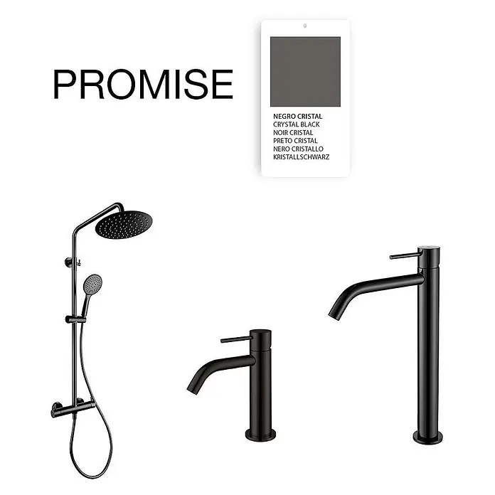 Poalgi Waschtischarmatur Promise - Schwarzer Kristall, Glänzend - Schwarze Badarmaturen: Duschset und zwei Wasserhähne in Kristallschwarz-Ausführung.