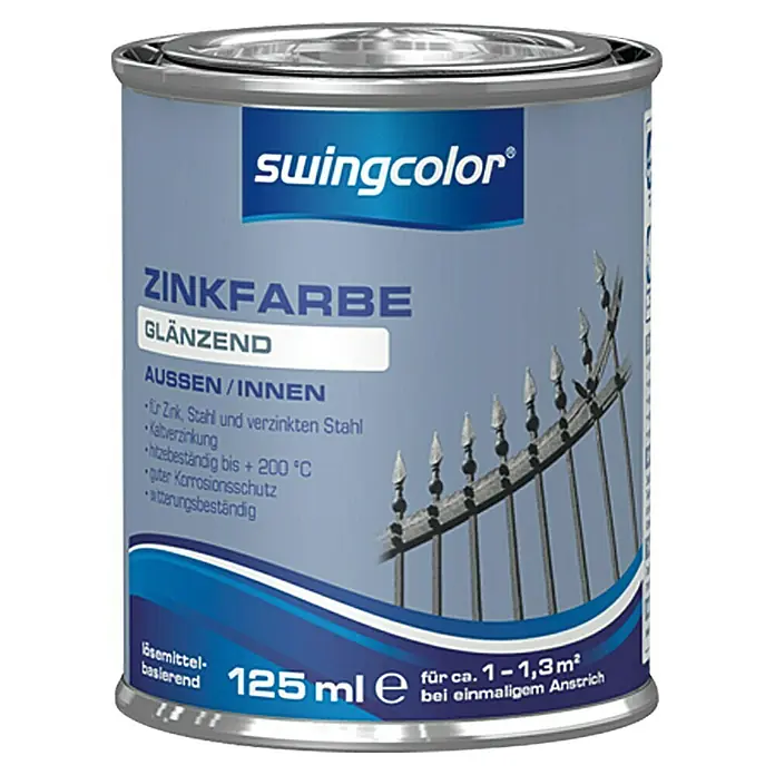 swingcolor Zinklack - Zink, Glänzend, 125 ml, Lösemittelbasiert - Dose Zinkfarbe glänzend von Swingcolor. Für Zink, Stahl und verzinkten Stahl. Inhalt 125 ml, für ca. 1-1,3 m² bei einmaligem Anstrich.