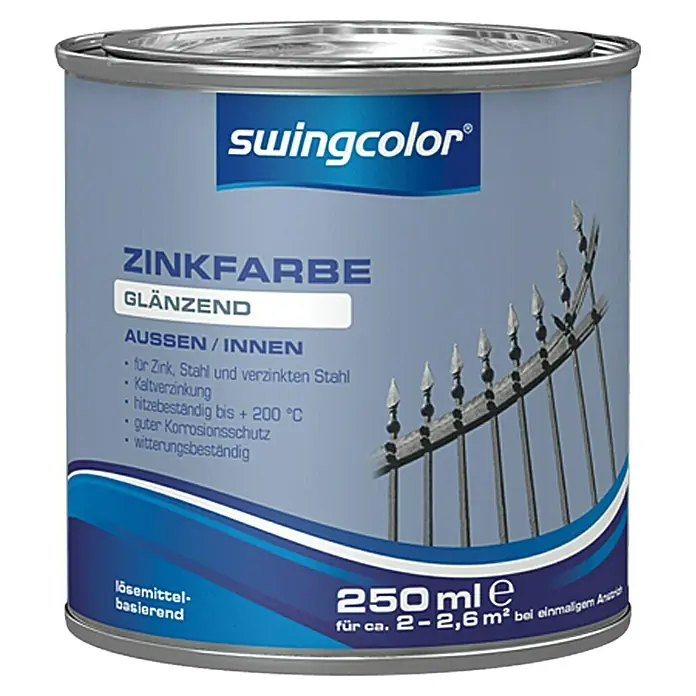 swingcolor Zinklack - Zink, Glänzend, 250 ml, Lösemittelbasiert - Dose Swingcolor Zinkfarbe glänzend, 250ml für Zink, Stahl & verzinkten Stahl, hitzebeständig bis +200°C & witterungsbeständig.