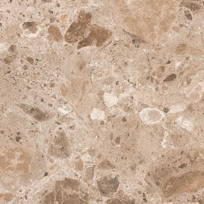 Feinsteinzeugfliese Vogue - 60 x 60 cm, Brown, Matt - Braune und beige Natursteinoberfläche mit unregelmäßigen Mustern und Sprenkeln.