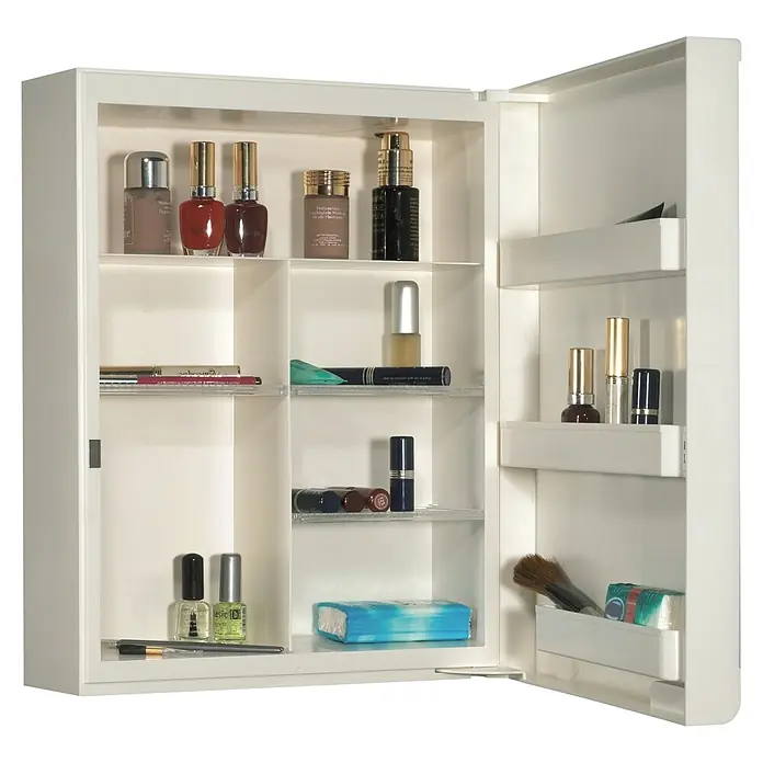 Sieper Spiegelschrank - B x H: 35 x 45 cm, Weiß - Offener, weißer Spiegelschrank mit Kosmetikprodukten auf Ablagen und Türfächern.
