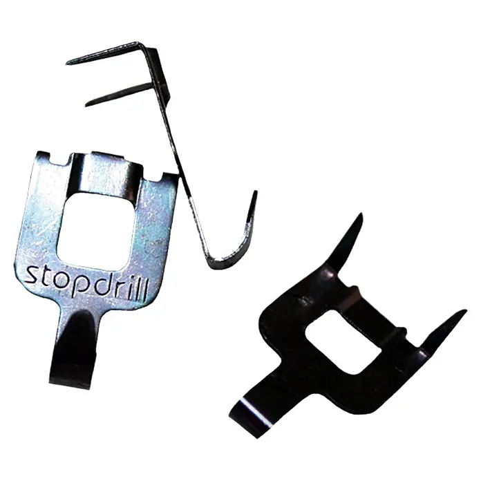 Fischer Gancho para colgar cuadros Stopdrill - Carga soportada: 8 kg, 8 ud., Metal, Plateado - La imagen muestra dos herramientas Stopdrill, una herramienta en plata y una herramienta en negro, que se utilizan para la perforación segura.