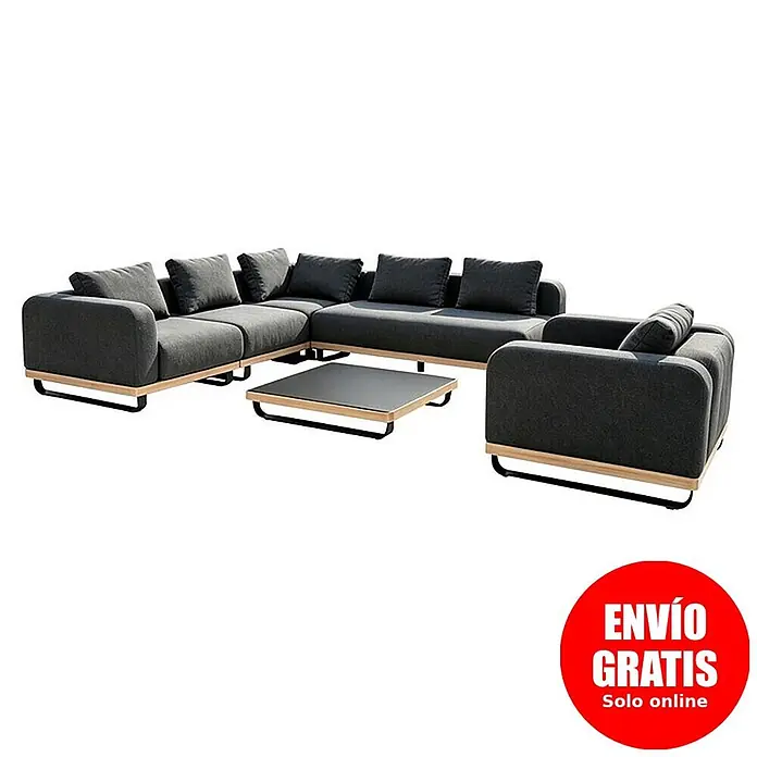 Sunfun Conjunto de muebles Cintia - 6 pzs., Aluminio/Poliéster, Antracita - Conjunto de sofá modular exterior gris oscuro con base de madera clara y patas de metal negro, incluye mesa de centro a juego.