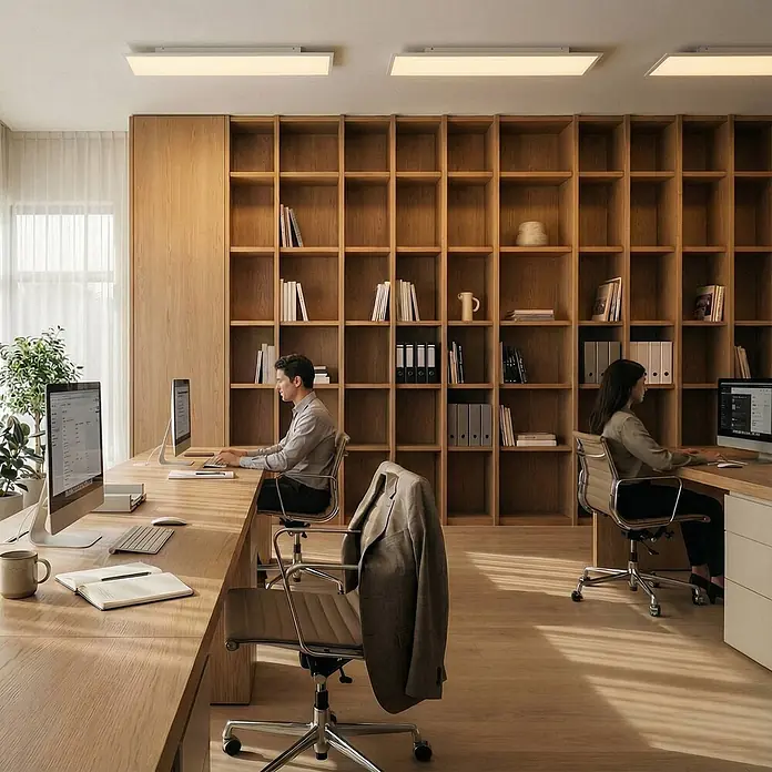 Arcchio LED-Panel Arthur - L x B x H: 119,5 x 29,5 x 4,5 cm, alu / grau / zink, weiß / opal, Neutralweiß - Zwei rechteckige, weiße Deckenleuchten spenden reichlich Licht in einem modernen Büro mit Holzmöbeln.