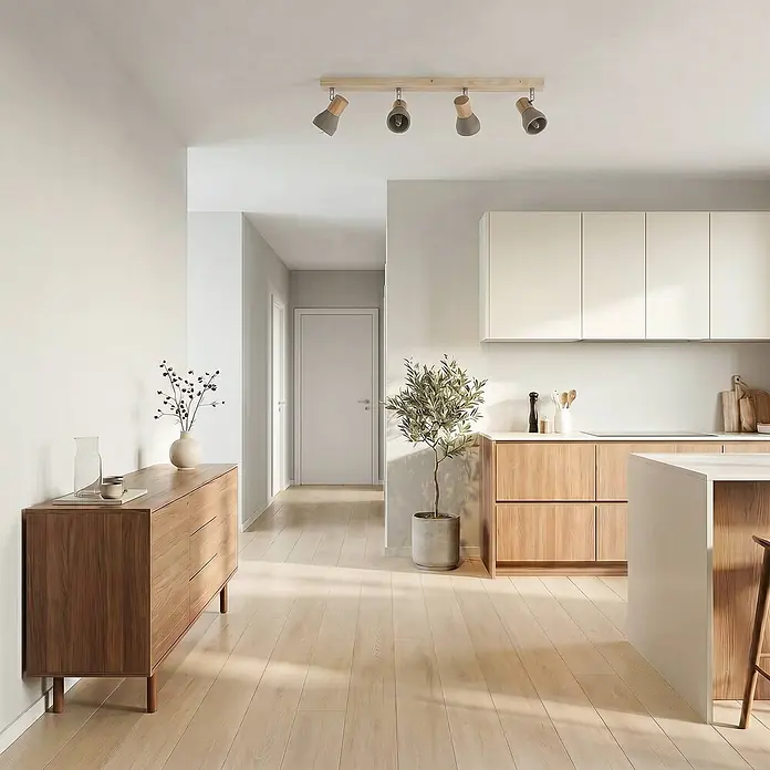 Lindby Deckenstrahler Filiz - Holz hell, alu / grau / zink, E14 - Vier graue, verstellbare Strahler an einer hölzernen Deckenleiste, die eine moderne Küche beleuchten.