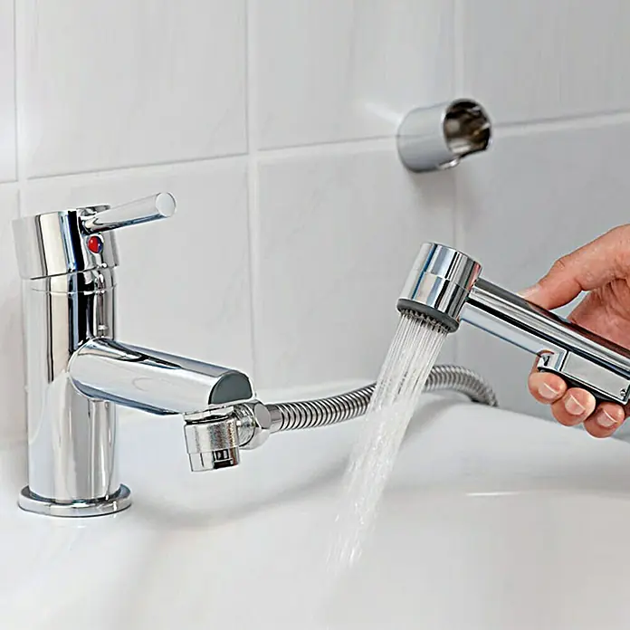 Mixomat Waschbeckenbrause - 1,5 m, Verchromt - Der verchromte Wasserhahn mit Handbrause bietet eine flexible Lösung für vielfältige Reinigungsbedürfnisse im Bad.